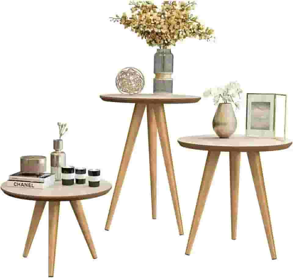 Conjunto 3 Mesas Lateral Canto Apoio Centro Sala Redonda Tripé (Off White Freijó)