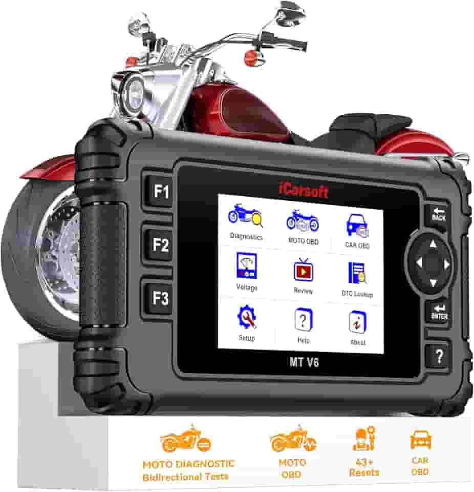 iCarsoft Ferramenta de diagnóstico de motocicleta MT V6 para Harley, todos os sistemas de scanner OBD2 de motocicleta com 57 testes de atuação, 43 funções especiais, reinicializações de marcha lenta