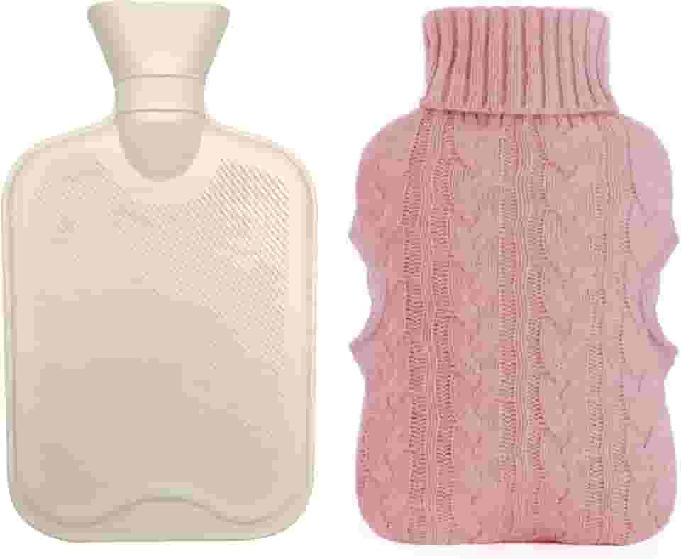 Bolsa Térmica de Água Quente 2 Litros com Capa de Tricô - Para Compressa Quente Ou Fria, Esquentar Mãos e Pés, Alivia Cólicas e Dores Musculares (Rosa)