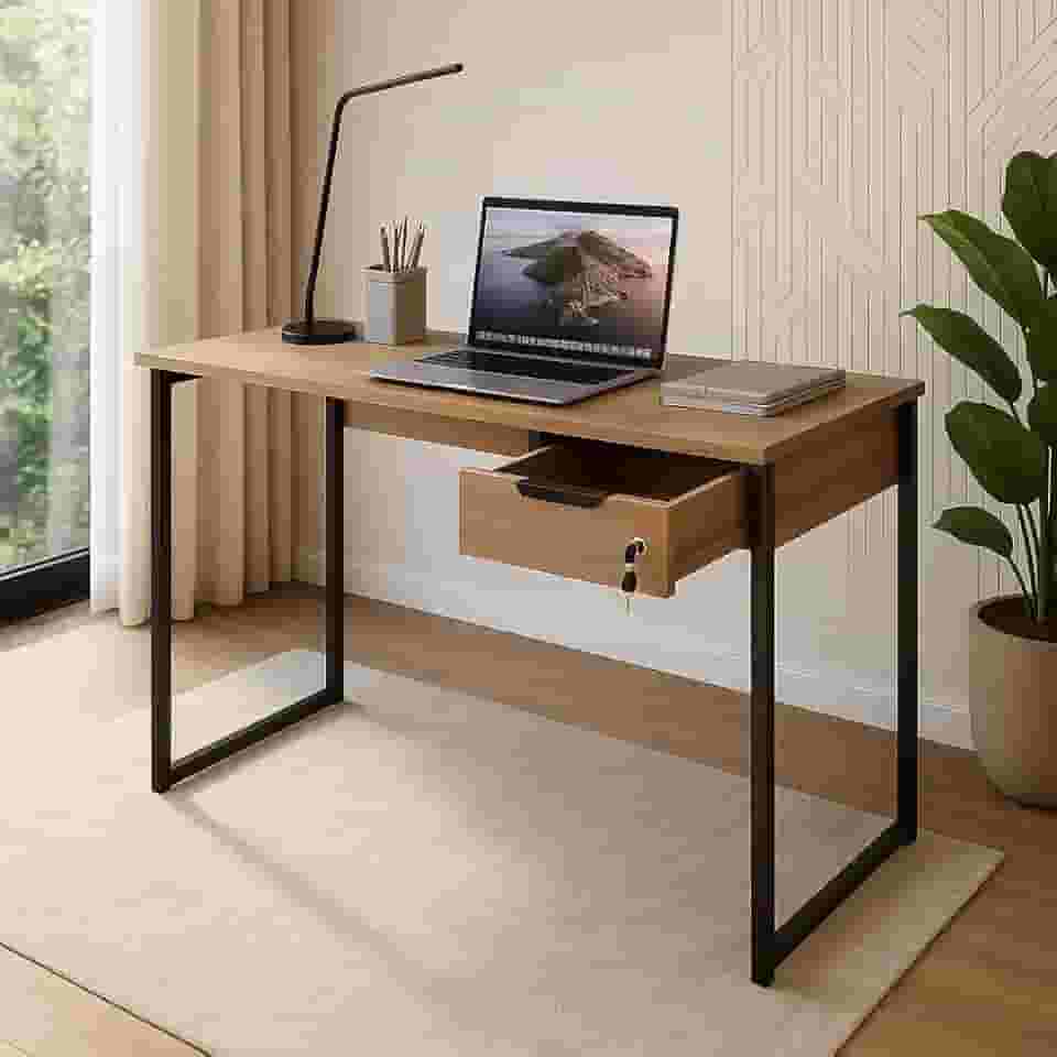 Mesa Escrivaninha Escritório Industrial Com Gaveta e Fechadura Moderna Pés De Metal