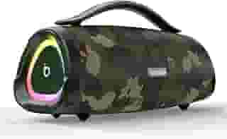 Basike Caixa de Som Bluetooth Portátil 100W RMS (160W Pico), TWS Estéreo, Modos EQ, Microfone Integrado, Luzes RGB, IPX6, 12h de Bateria para Home Theater, Festa e Exterior – Cor Camuflada