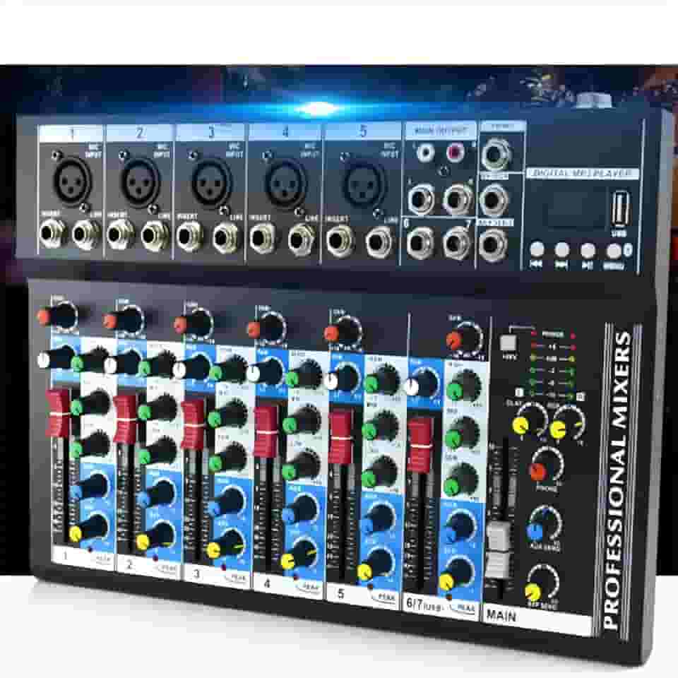 Mixer de Áudio Profissional 7 Canais VEDO, Bluetooth 5.0, USB Phantom Power 48V Placa Som Digital com 6 Modos Efeito, Ideal para Shows ao Vivo Casamentos Podcasts Transmissões e Gravação em Estúdio