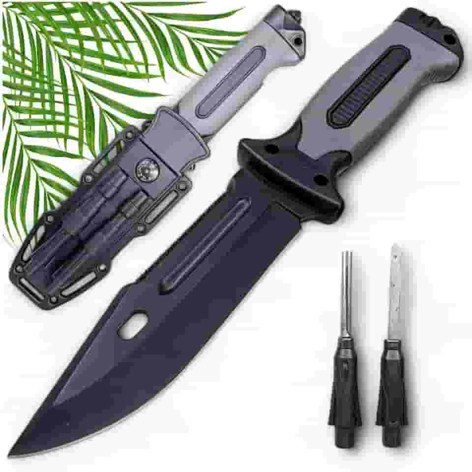 Faca Militar Com Design Ergonômico E Textura Emborrachada, Lâmina em Aço Premium, Ponta Quebra-Vidro, Bússola Integrada, Acompanha Pedreneira e Estojo para Cinto - Perfeita para Sobrevivência e Aventura