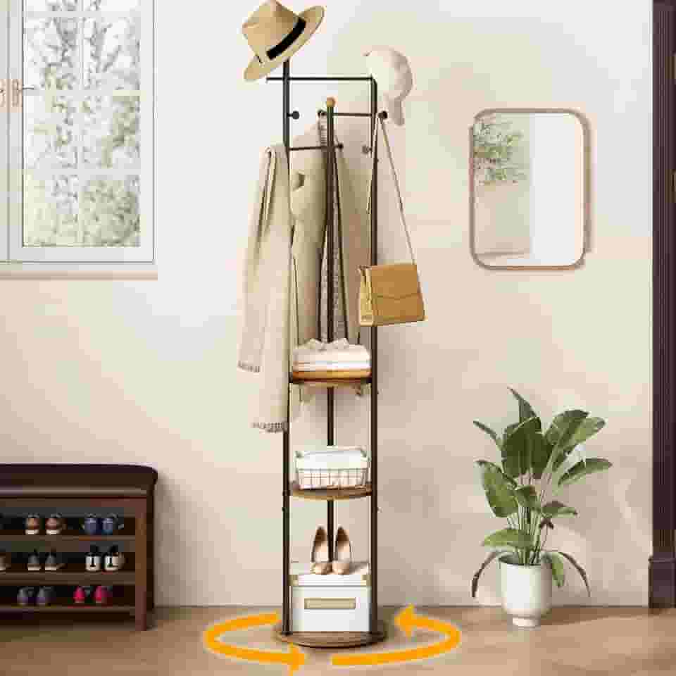 Cabideiro de Chão, Cabideiro Metal de Piso Chão Roupas Giratório, com 3 Hastes Metálicas e 3 Divisórias, 8 Ganchos, Adequado para Quartos, Entradas e Salas de Estar