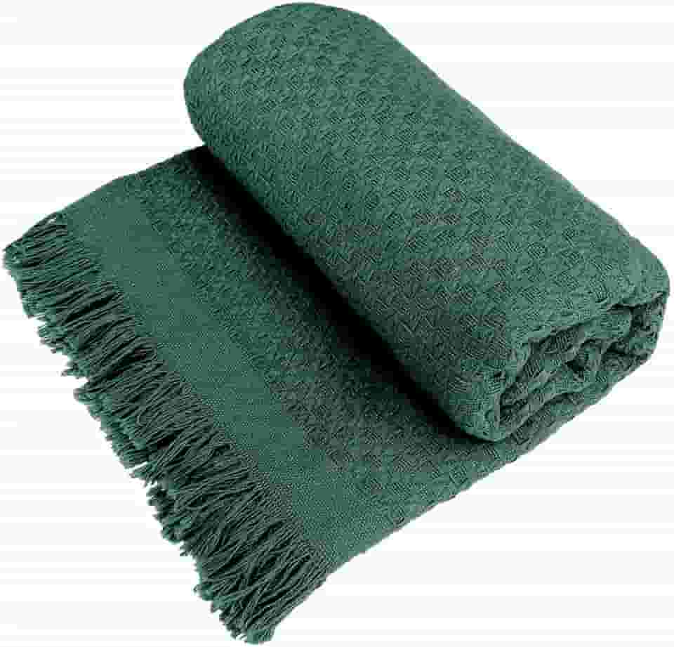 Decolab Manta para Sofá em Algodão com Franjas Artesanais | Cobertor Decorativo para Sofa, Poltrona e Cama | Estilo Boho Chic (Verde-musgo)