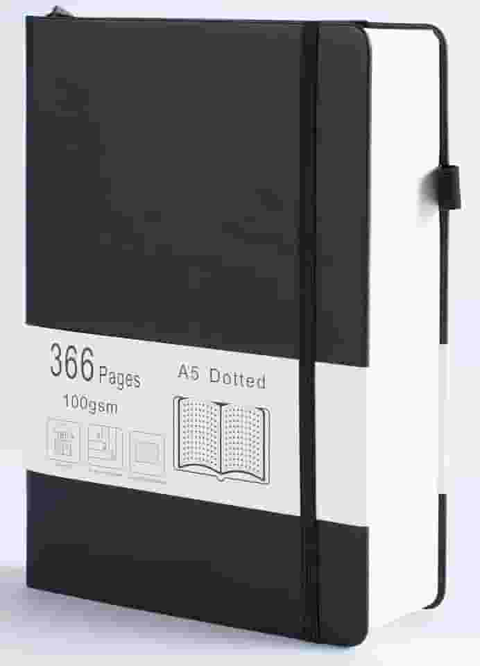 Diário pontilhado com 366 páginas numeradas, diário A5 com papel quadriculado de 100 g/m², capa dura de couro, para mulheres, homens, anotações escolares, diário de trabalho, 14,5 x 21 cm, preto