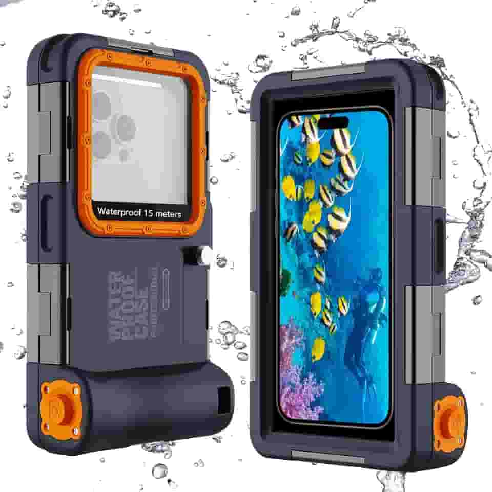 ShellBox Case Nova capa subaquática impermeável para iPhone 16/15/14/13/12/11/Pro Max/Pro/Plus/LG G8X Series (botão de volume à esquerda), [50FT/15M] Capas de mergulho profissional, azul-laranja