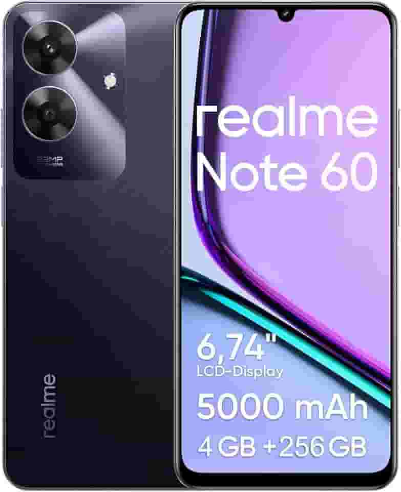 Celular Realme Note 60, 256GB ROM 4GB RAM 6.74“ Tela, 5000mAh Android 14 Octa Core Dual SIM Preto