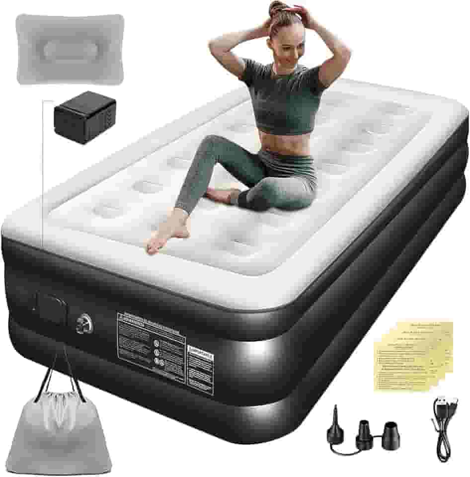 Trailabo Colchão Inflável Solteiro 1,91*1M com Bomba de ar Elétrica Recarregável Embutida, Almofadas Infláveis, com Inflação e Deflação Rápidas e Automáticas, para Famílias e Camping (Preto e Branco)
