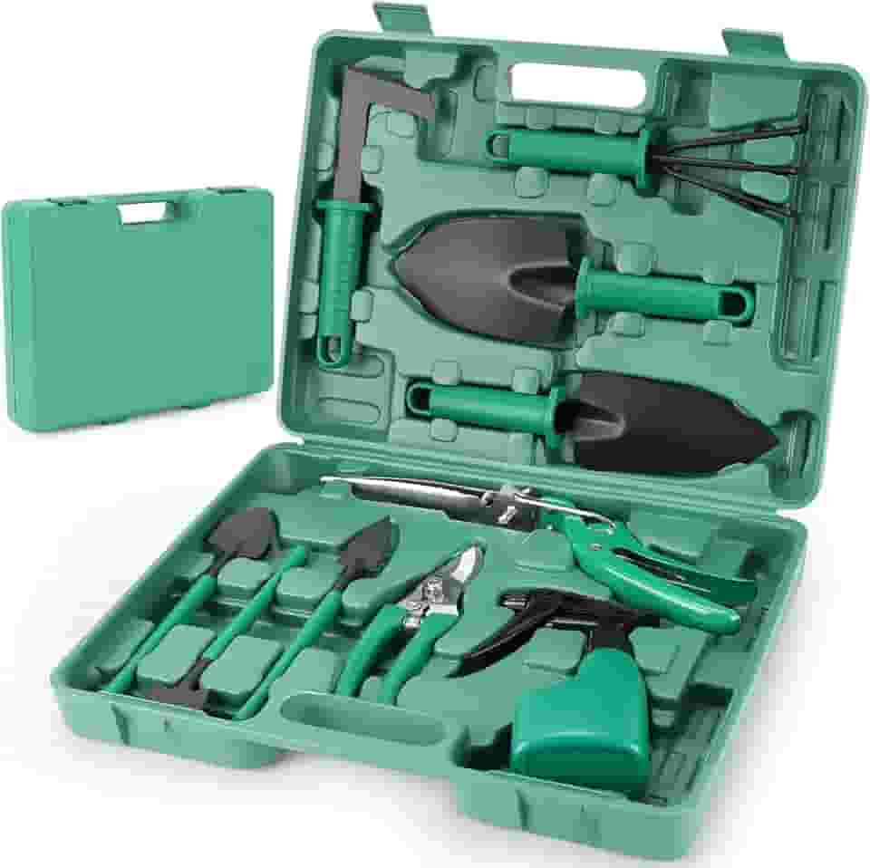 Meantem Kit de Ferramentas de Jardinagem 10 Peças, Kit Jardinagem com Maleta, Pás, Tesoura, Foice, Aço Inoxidável, Verde