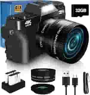 Câmera digital VJIANGER 2024 para fotografia, vlog e YouTube com WiFi, tela giratória de 180°, zoom digital de 16x, lente de 52 mm, 2 baterias, cartão Micro SD de 32 GB (preto)