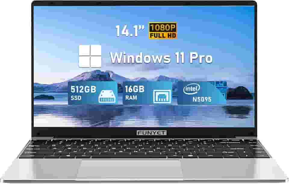 Notebook para jogos FUNYET de 14 polegadas, Windows 11 Pro 2025, 16 GB de RAM, SSD de 512 GB SSD, processador N5095 de 11ª geração (até 2,9 GHz), FHD 1920 x 1080