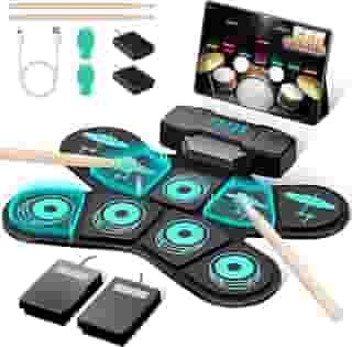 ANVAR Kit de bateria eletrônica portátil VD-SJG，Eletrônica Portátil com 9 Pads Sensíveis, Alto-falantes Duplos, Conexão MIDI e 4h de Bateria - Ideal para Iniciantes, Prática em Casa e Presente Musical
