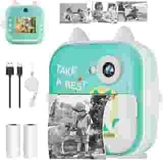 Basike Câmera Infantil Digital e Instantânea 20MP 1080P, Tela 2,4' IPS, Zoom 6X, Impressão Térmica 200 dpi, Vídeo, Time-Lapse, Jogos Educativos, Portátil com Papel de Impressão – Verde