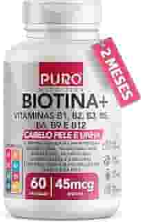 Biotina + Puro Nutrition Pele, Cabelo e Unhas, 45 mcg de Biotina por dose, Vitaminas B1, B2, B3, B5, B6, B9 e B12, 60 Cápsulas