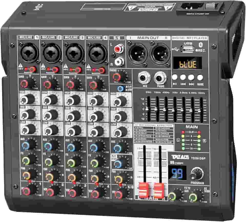 mesa de som 6 canais Mixer de áudio profissional Misturador DJ Misturador efeitos DSP de 99 bits, consola de mistura com saída Eq de 7 bandas, misturador profissional Bluetooth fantasma de +48V
