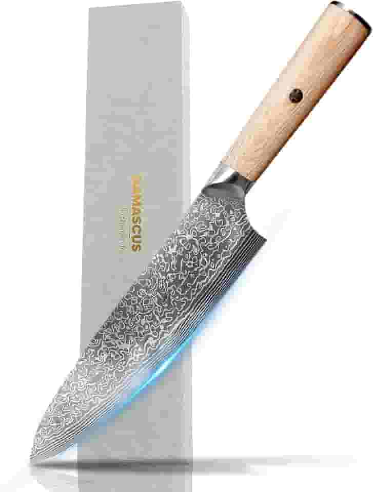 Diagsh Faca de chef japonesa de 20 cm - faca de cozinha de aço damasco de 67 camadas de 2 mm, lâmina profissional afiada para carne, sushi e legumes com cabo ergonômico de madeira e caixa de presente