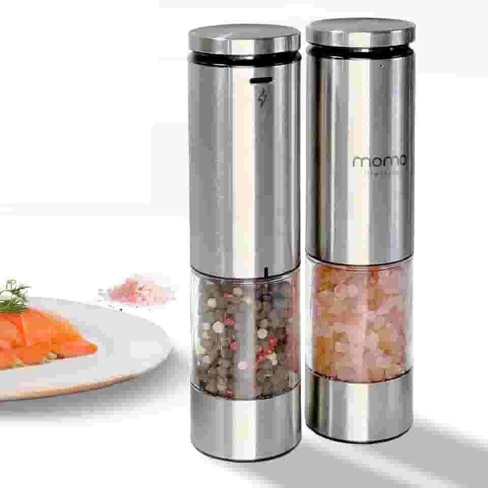 Momo Lifestyle Conjunto Moedores de Sal e Pimenta Elétrico Recarregável GrindWiz, Automático, Moagem Ajustável, Aço Inox, Luz de LED, Ideia de Presente, Bivolt (110V/220V)