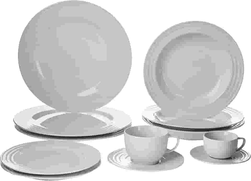 Serviço de Jantar Chá Café 42 peças em Porcelana. Modelo Redondo com Relevo Arcos. Branca com Relevo. Fabricado pela Schmidt.