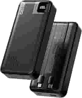 Basike Power Bank, Carregador Portátil Universal 20000mAh, USB-A(até 22.5W)+USB-C(até PD20W), com 2 Cabos Integrados (USB-C, Lightning) Carregamento Rápido, Led Indicador de Bateria (Preto)