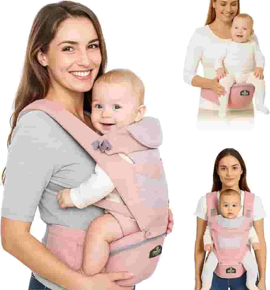 AIEBAO Bolsa Para Bebê Canguru Classic, Assento Ergonômico, 03 Modos de Uso, Apoio Lombar, Com Suporte de Cabeça, Bolso Frontal e Lateral, Até 48 Meses, Suporta 36kg, Acolchoado, Fivelas Ajustáveis, Rosa.