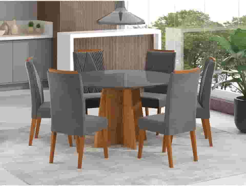 Mesa de Jantar Redonda Vitara com 6 Cadeiras Madeira Maciça Vegas Mel/Grafite