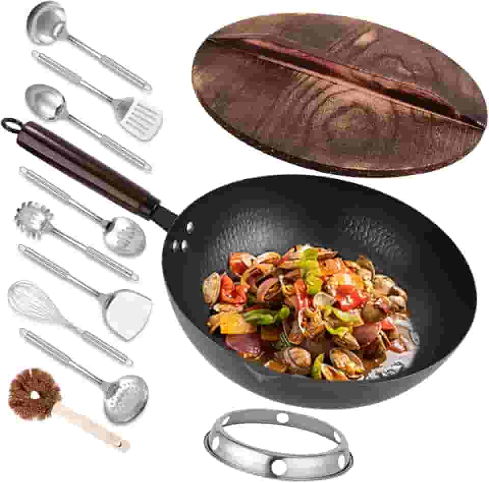 Leidawn Wok de aço carbono de 32,5 cm - 11 frigideiras e frigideiras com tampa, woks chineses sem revestimento químico com 10 acessórios de panela, wok de fundo plano para fogões elétricos, de indução