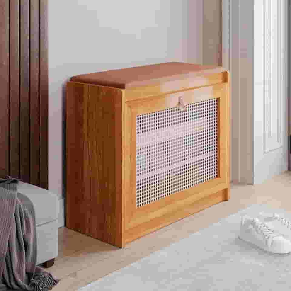 Sapateira Banco Com Assento Em Corino Marrom Porta Basculante Madeira