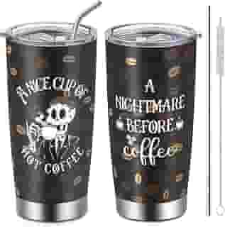 GWOWLWF Presentes de aniversário de Natal para homens e mulheres, copo de aço inoxidável de 590 ml com tampa e canudo, copo de café engraçado pesadelo, presentes para amigos Bestie Brother, copo de