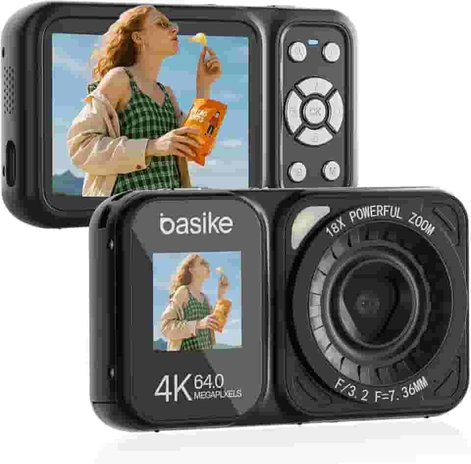 Basike Câmera Fotográfica Digital 4K UHD 64MP, Zoom 18X, Foco Automático e Efeitos Criativos, Vídeo Nítido, para Jovens, Aventuras e Uso Diário, Portátil, Resistente e Fácil – Preto