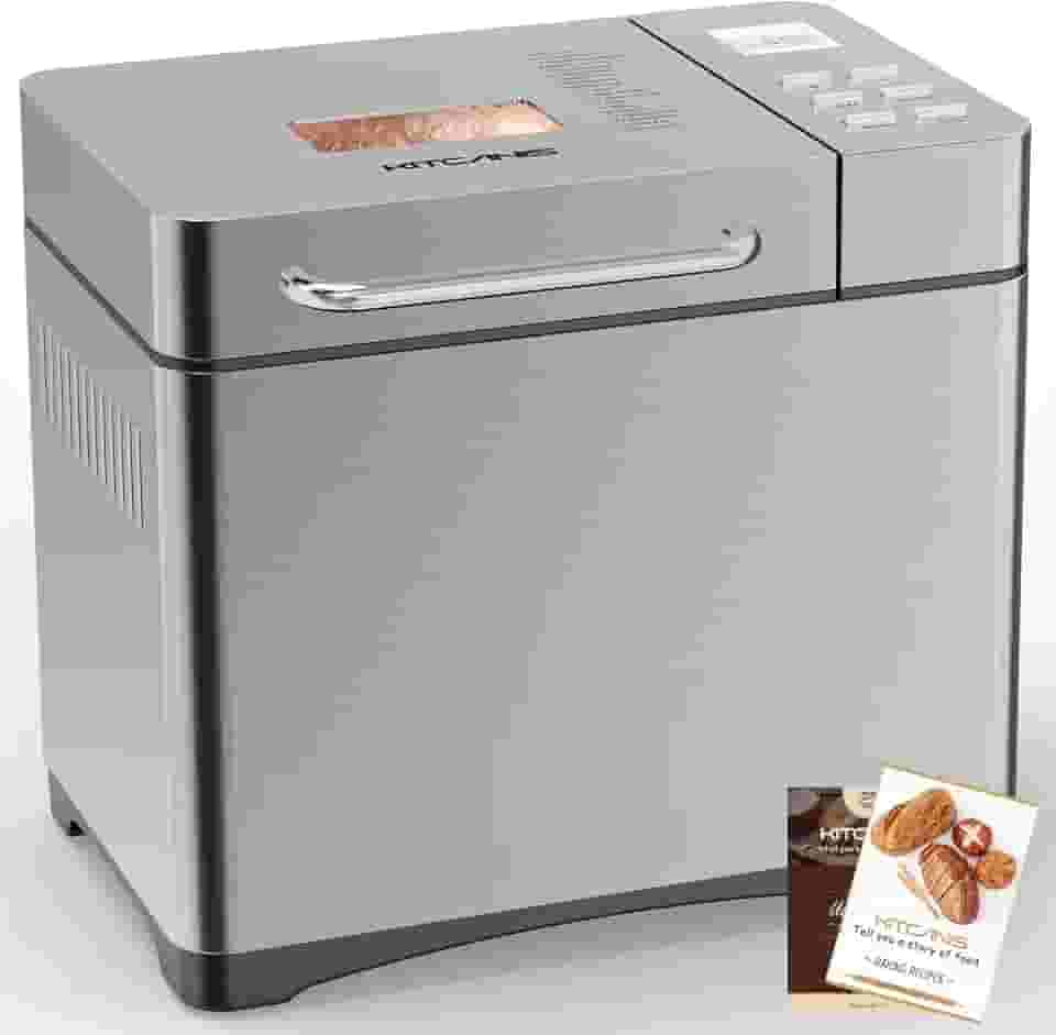 Máquina de fazer pão KITCANIS, máquina de pão de aço inoxidável de 1 kg, temporizador 15H e 1H manter quente, fermento, sem glúten, máquina de fazer massa, máquina de fazer pão com panela antiaderente