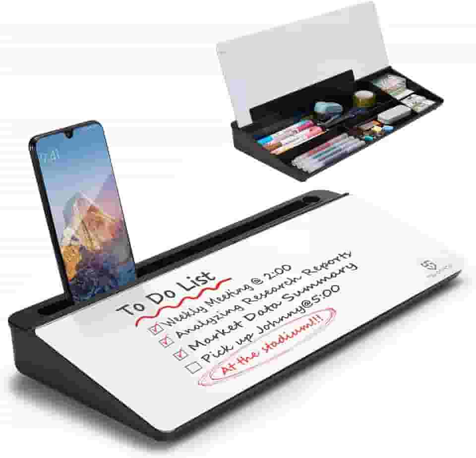 Quadro branco de vidro pequeno apagável a seco - suporte para teclado de computador, bloco de superfície de quadro branco com gaveta, organizadores de mesa com acessórios para escritório, casa,