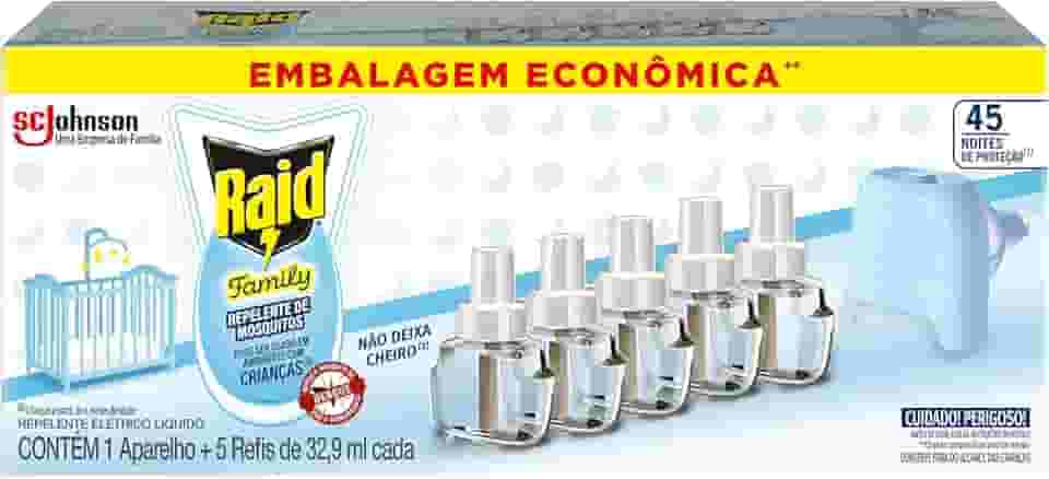 Raid Repelente Eletrico Líquido Refil Family, Até 45 Noites de Proteção contra Mosquito, 5 unidades de 32,9ml