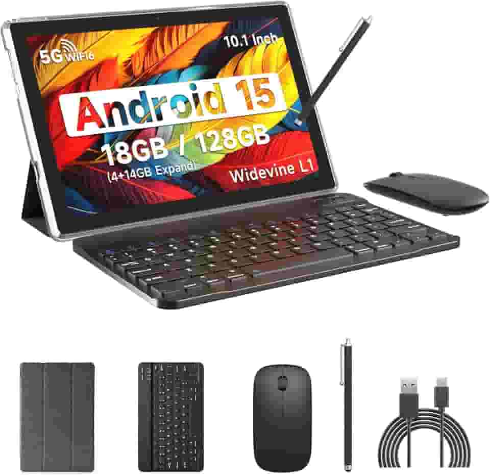 IWEGGO Tablet Android 15, 10 polegadas 18 GB de RAM + 128 GB de ROM/tablet expansível de 2 TB, processador quad-core de 2,0 GHz, tela sensível ao toque HD de 1280 x 800, WiFi 5 G 6 BT 5.0, tablets 2