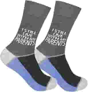 FUNATIC Meias engraçadas e loucas com frases – Presentes inovadores para homens, mulheres, adolescentes, I Still Live With My Parents, 6-12