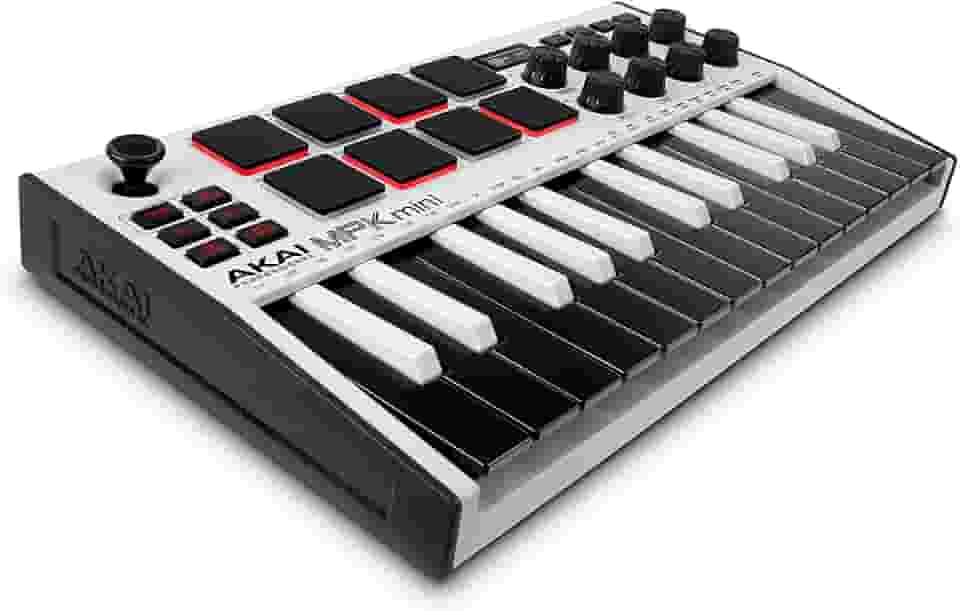 Akai Professional MPK Mini MK3 - Controlador de Teclado MIDI USB com 25 Teclas, 8 Pads de Bateria Iluminados, 8 Knobs, Software de Produção Musical e Pacote de Sons da Native Instruments, Branco