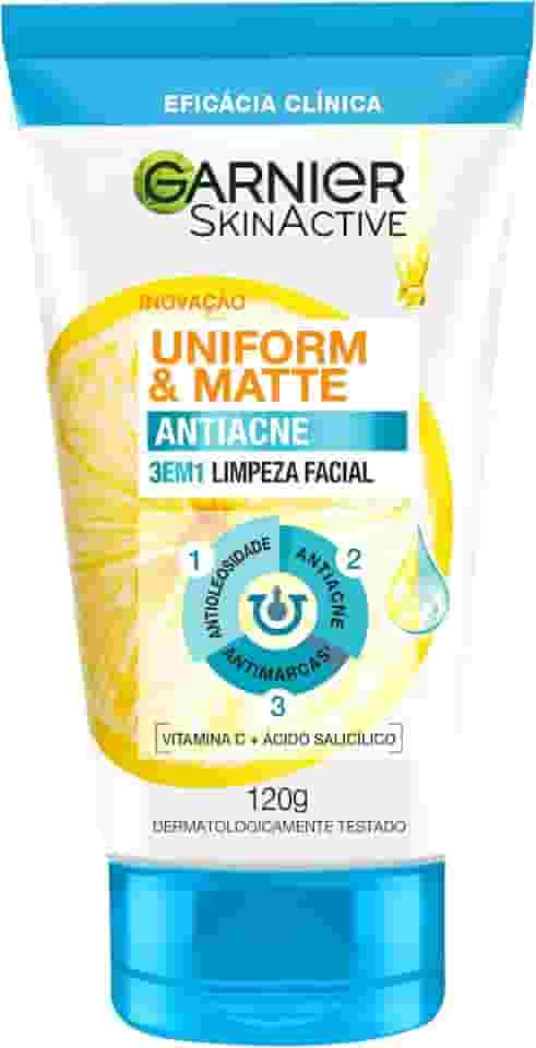 Garnier Uniform & Matte, Sabonete Facial 3 em 1 Antiacne, Tratamento com Ácido Salicílico e Vitamina C para Pele Oleosa, Ação Antioleosidade e Antimarcas, 120g