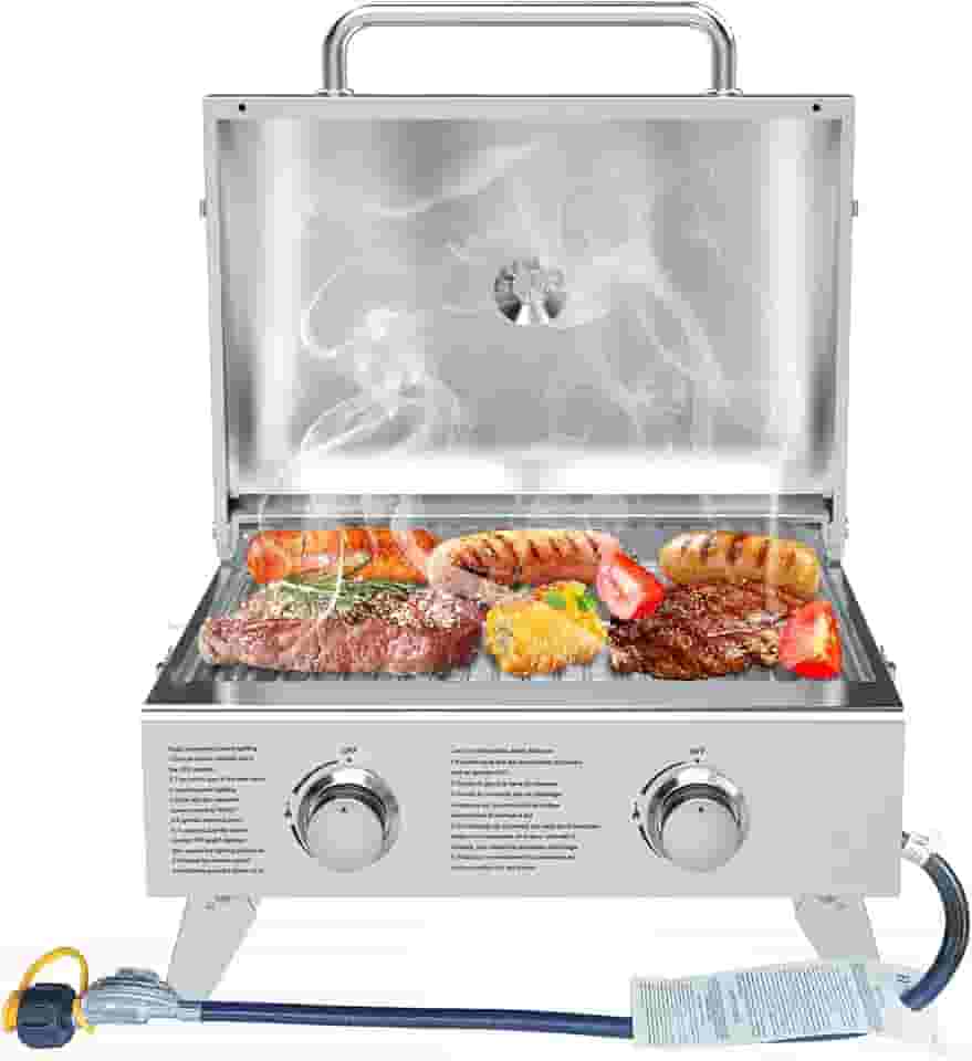 BBQCuker Churrasqueira a gás propano portátil de 2 bocas com pernas dobráveis para acampamento ao ar livre, cozinhar, dois queimadores de 10.000 BTU de aço inoxidável e termômetro embutido, estilo