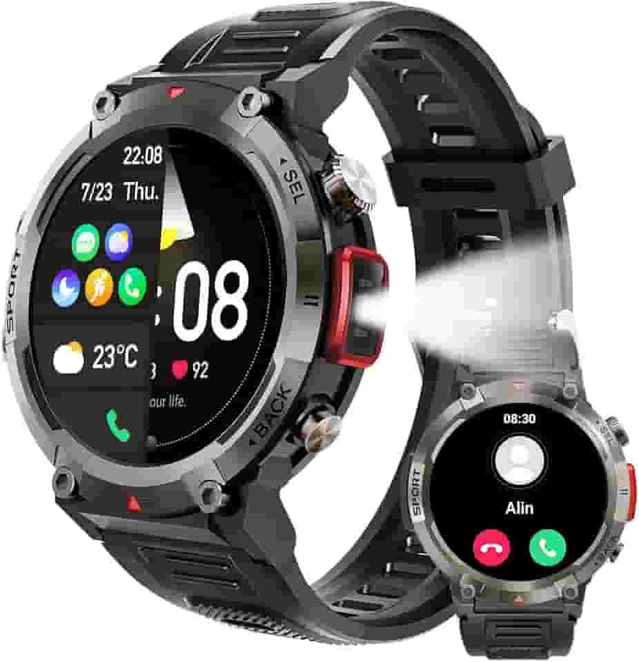 Smartwatch militar masculino com lanterna LED Smartwatch à prova d'água 3ATM robusto de 1,45 pol. com Faz e Recebe Ligações, Modos Esportivos e Recebimento de Notificações