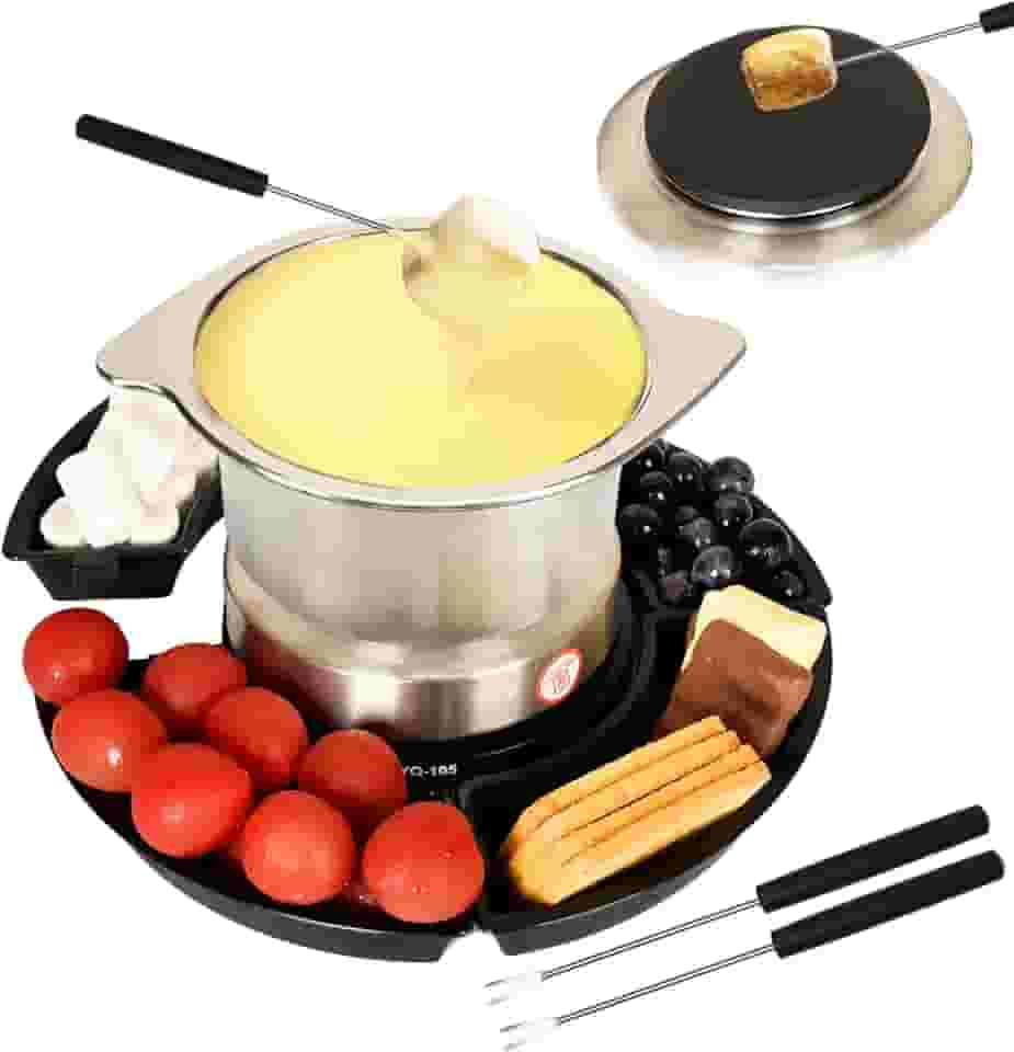 SANGLE SOPFFY 2 em 1 panela de fondue e máquina elétrica S'mores – Conjunto de fondue de queijo e chocolate com controle de temperatura, bandejas removíveis, conjunto elétrico de fondue com 4 garfos