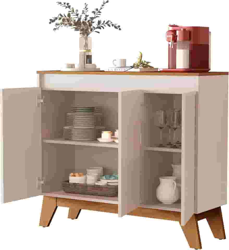 Buffet Cancun 3 Portas Aparador Balcão Cantinho Do Café Para Sala De Estar (Off White/Freijó)