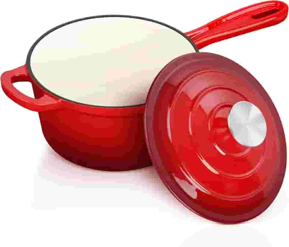 Panela de molho de ferro fundido esmaltado com tampa, panela de 2 litros com tampa, forno holandês de ferro fundido esmaltado para todas as panelas para fazer molho de macarrão, leite, aveia - até 260