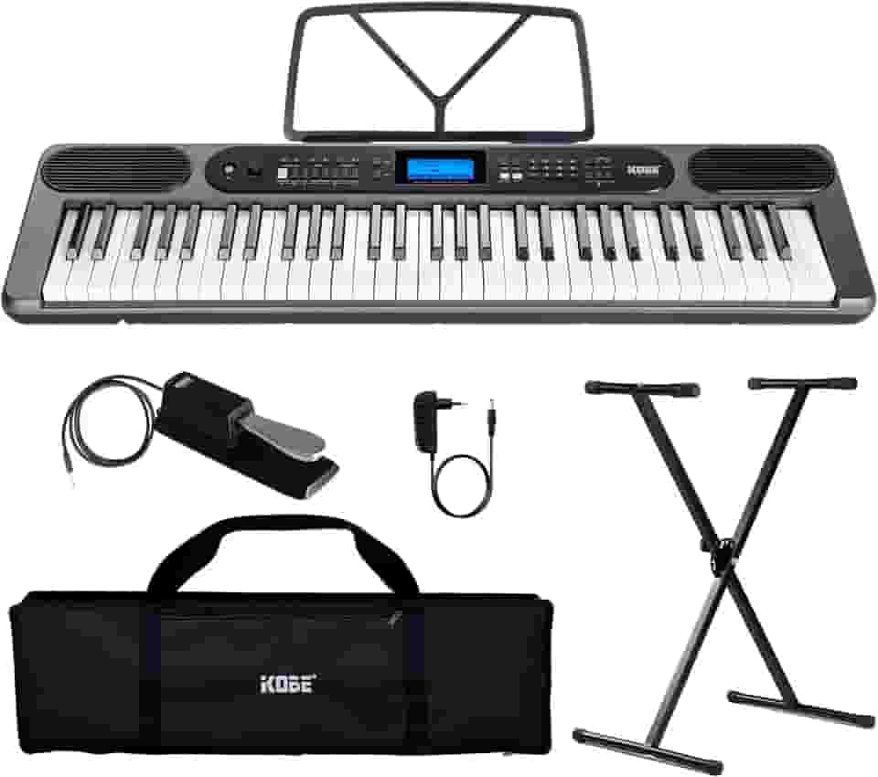 Kit Teclado Musical Kobe Kb-400 5/8 61 Teclas Com Sensibilidade Conexão Midi Usb Entrada P/Pedal Sustain 500 Timbres - Completo