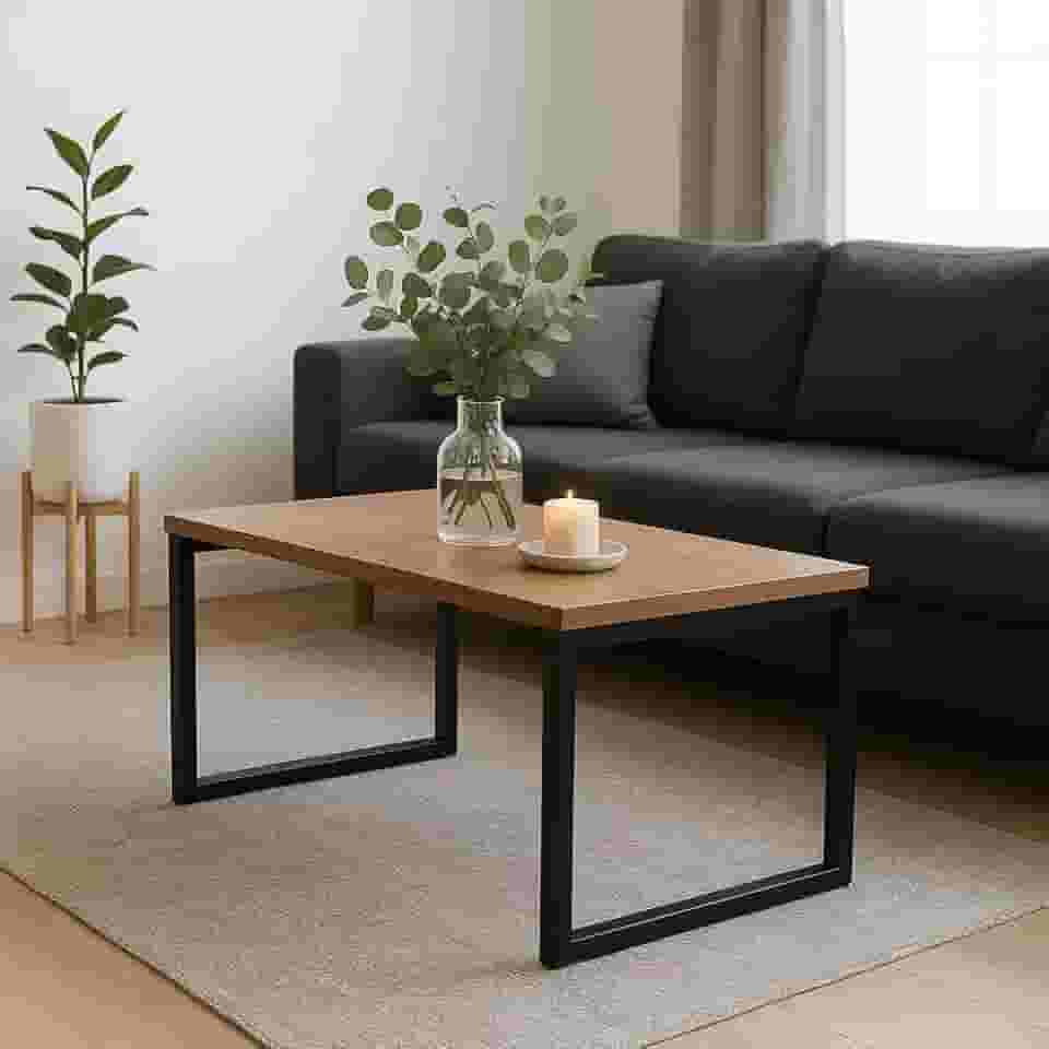 Mesa de Centro Estilo Industrial Fabricado em Metalon 20x20 e Tampo em MDP de 15mm. Ideal para sala, Super resistente e firme. (Freijó)