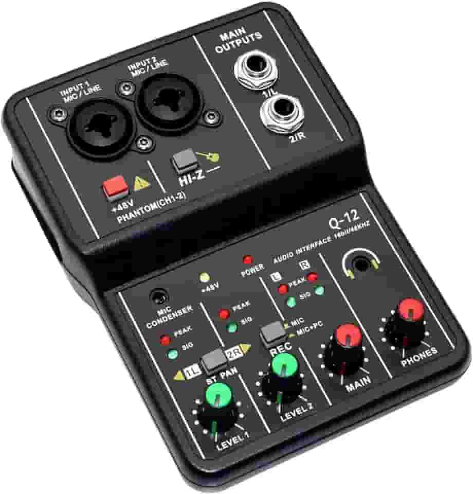 Q-12 Interface de audio,placa de som profissional de canal USB 2.0 DC 5V de alta velocidade, função de monitor para estúdio/gravação musical/jogos/Equipamentos para Gravação Musical