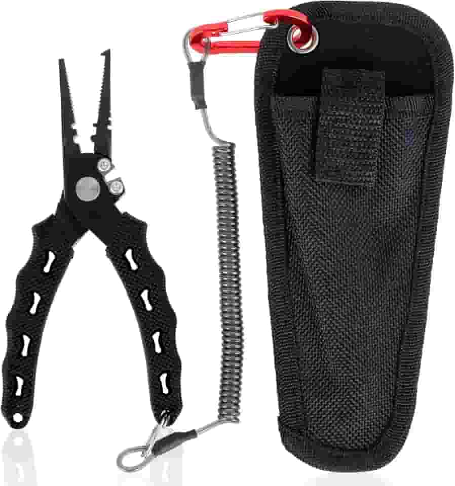 Alicate de pesca de 16,5 cm, aço de alto carbono, resistente à água salgada, com bainha e cordão, alicate de pesca, removedor de anzol, alicate de anel dividido para pesca no oceano, pesca com mosca,