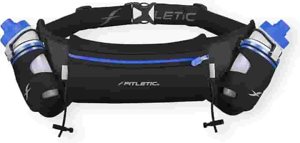 Fitletic Cinto de corrida de hidratação com garrafas de água para homens e mulheres – 2 garrafas de água corrente de fluxo rápido de 227 g, design patenteado sem salto, bolsa resistente à água para