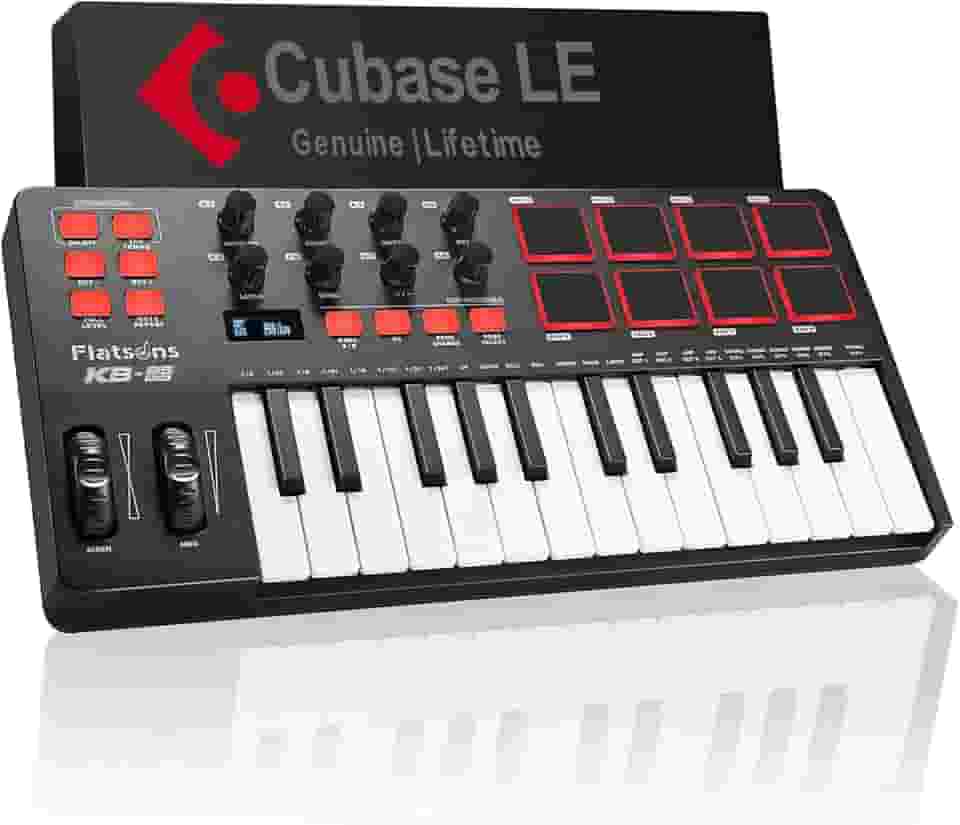 flatsons Controlador De Teclado Midi Kb-25Mini Usb Com 25 Teclas, Produção Musical Profissional Roda Modulação/Pitch, 8 Pads Bateria, Arpejador, Criador Batidas Portátil Para Todos Os Softwares (Cub