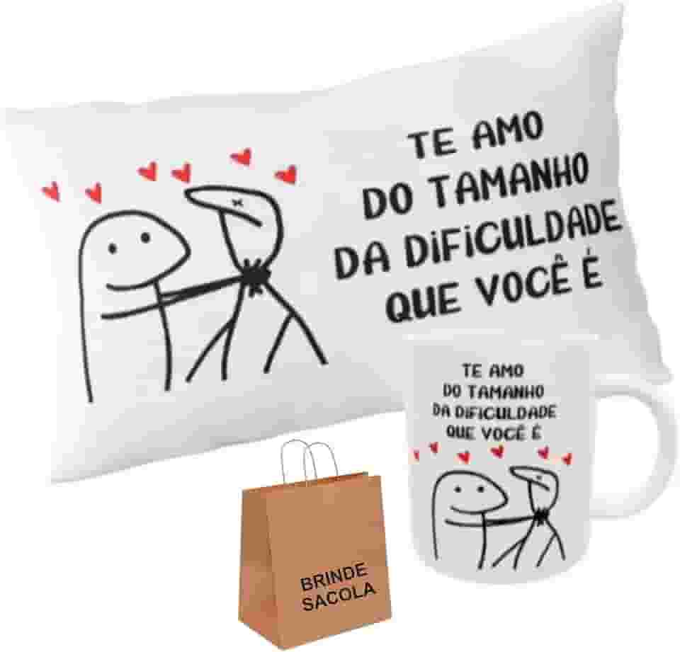 Kit Caneca e Almofada Flork Meme Te Amo Namorados