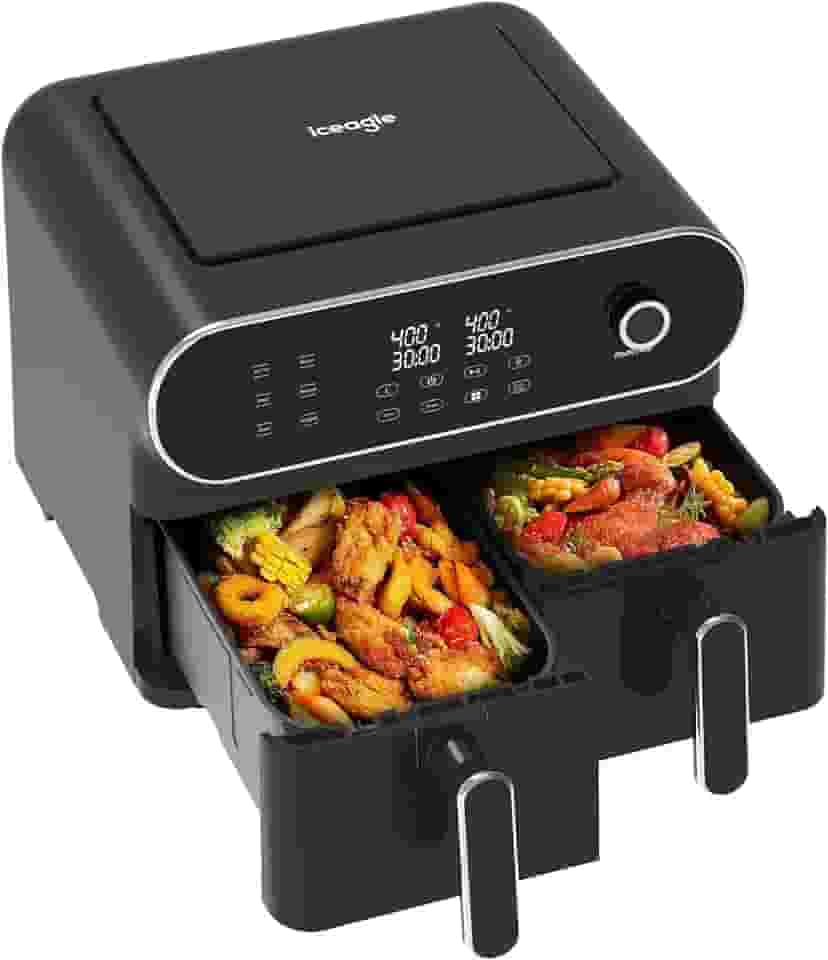 iceagle Fritadeira a ar dupla de 11 litros - Airfryer 6 em 1 com 2 cestos de fritura, botão de controle preciso | Sincronize e duas funções de cozimento para fritar, assar, grelhar, reaquecer e
